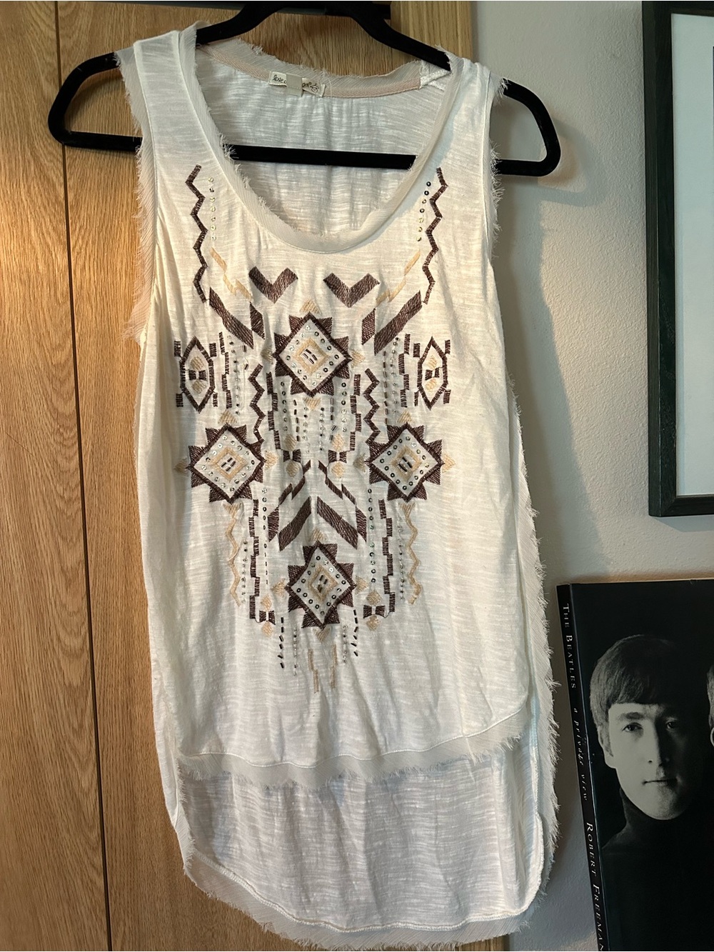love on a hanger White Tank Top with Brown & Tan Embroidered Aztec boho design